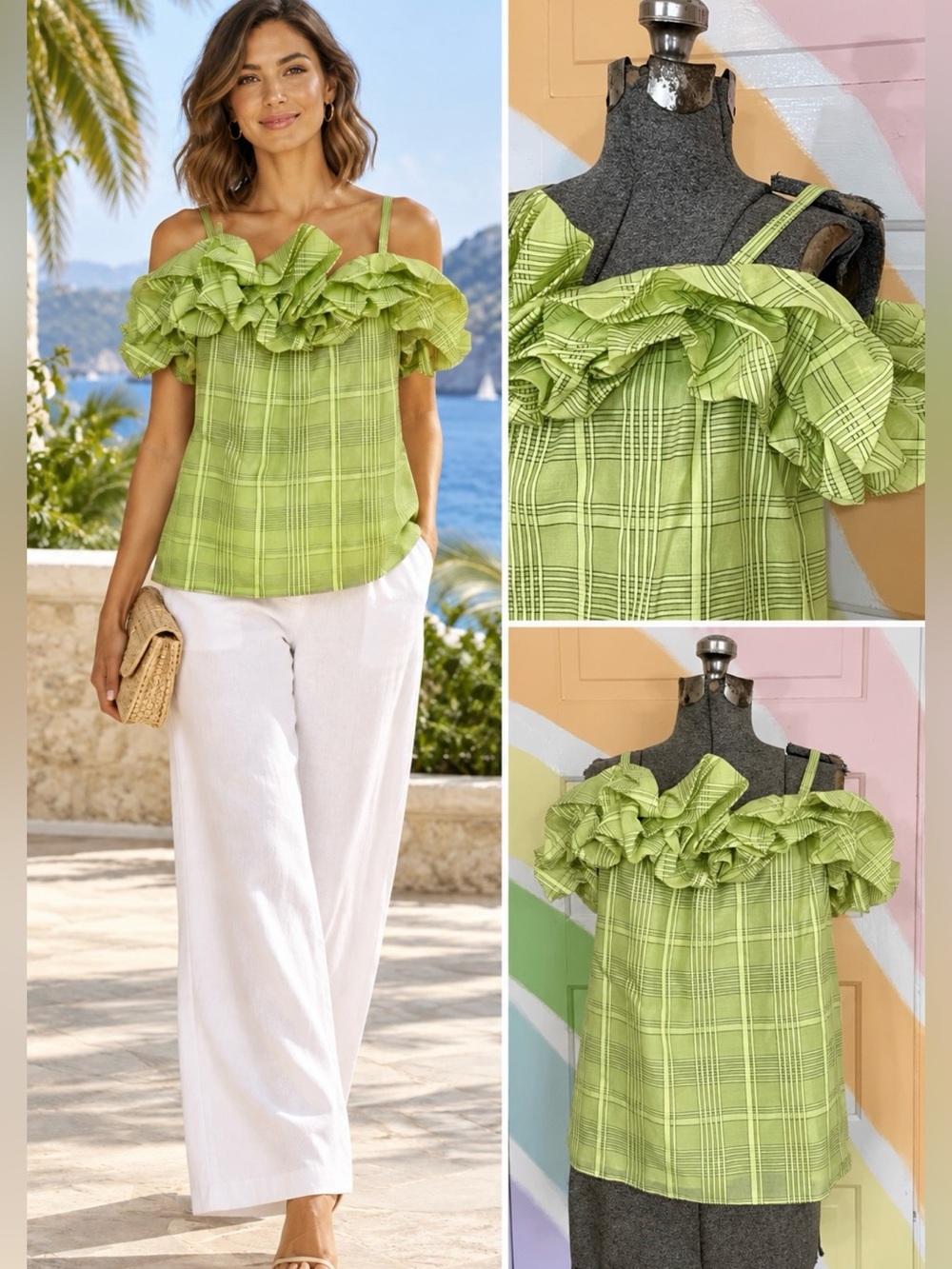 NWT Trina Turk Primrose Plaid Ruffle Top Aura Green Silk Cotton Sz S 💛🎀